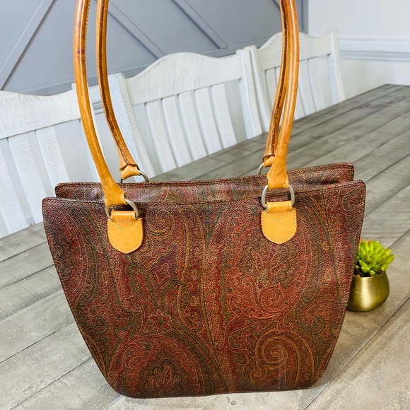 ETRO Paisley Pattern PVC/Leather One-Shoulder Tote Bag Brown/Beige Vintage - Picture 5 of 11